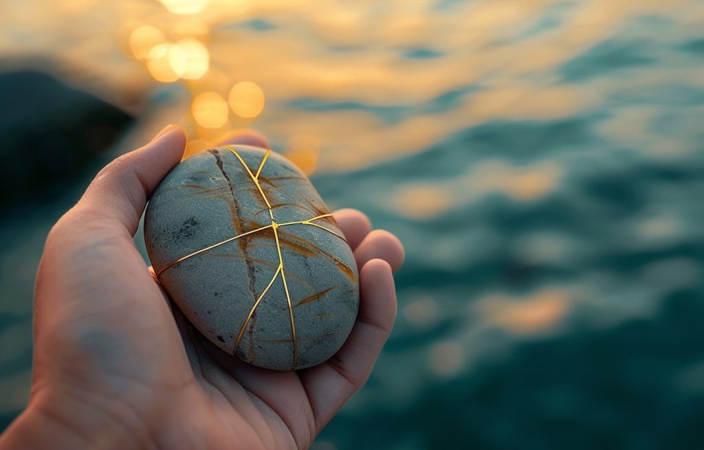 Hand holding a kintsugi stone over calm water at sunset (DP/DR First‑Aid)